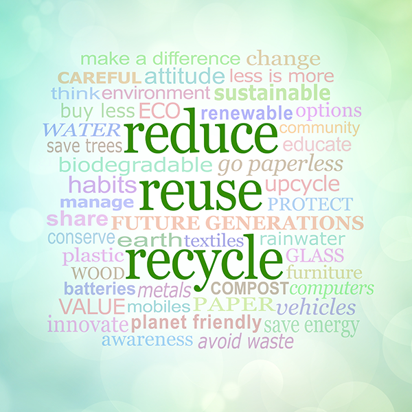 Word cloud graphic with words associated with recycling. Three emphasis words: Reduce, Reuse, and Re