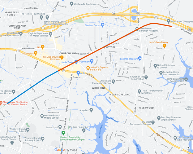 Close up view of a Map of just the Chesapeake Portsmouth  trail
