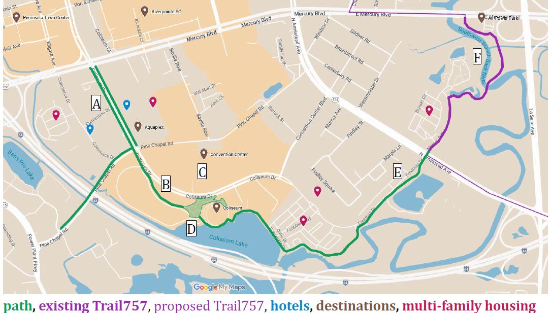 A map of WaterWalk trail route with lettered locations that are explored later in the article