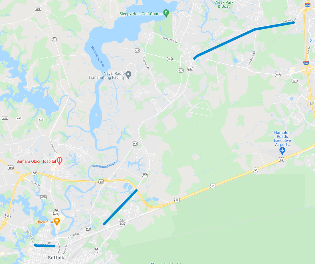 Existing Portions of Virginia Capital Trail Extension in Suffolk map