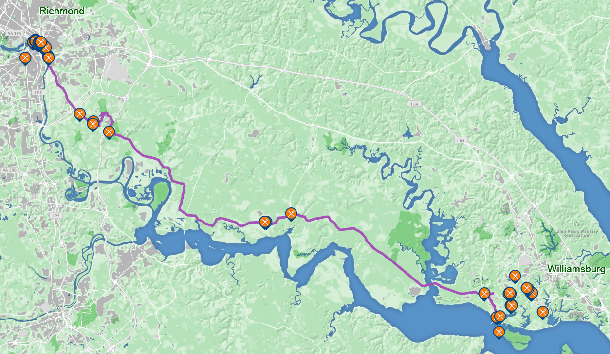 Restaurants Along/Near the Virginia Capital Trail map
