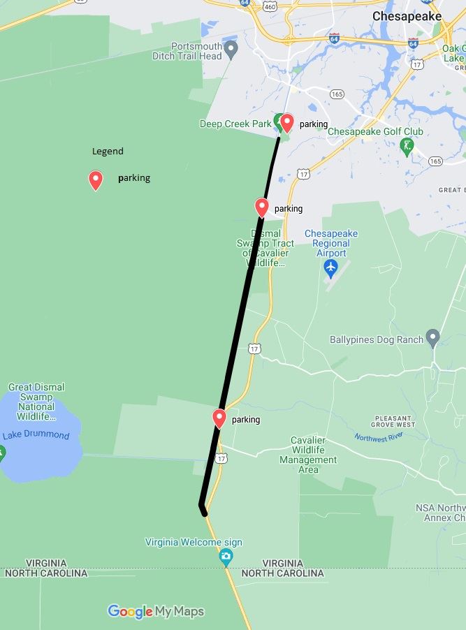 Map of parking lot locations for the Dismal Swamp Canal Trail