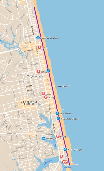 Municipal Parking and Bike Rentals near Boardwalk and Bike Path Map